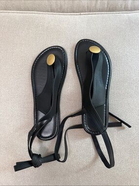 Black Leather Wrap Sandals with Gold Accent - Women's